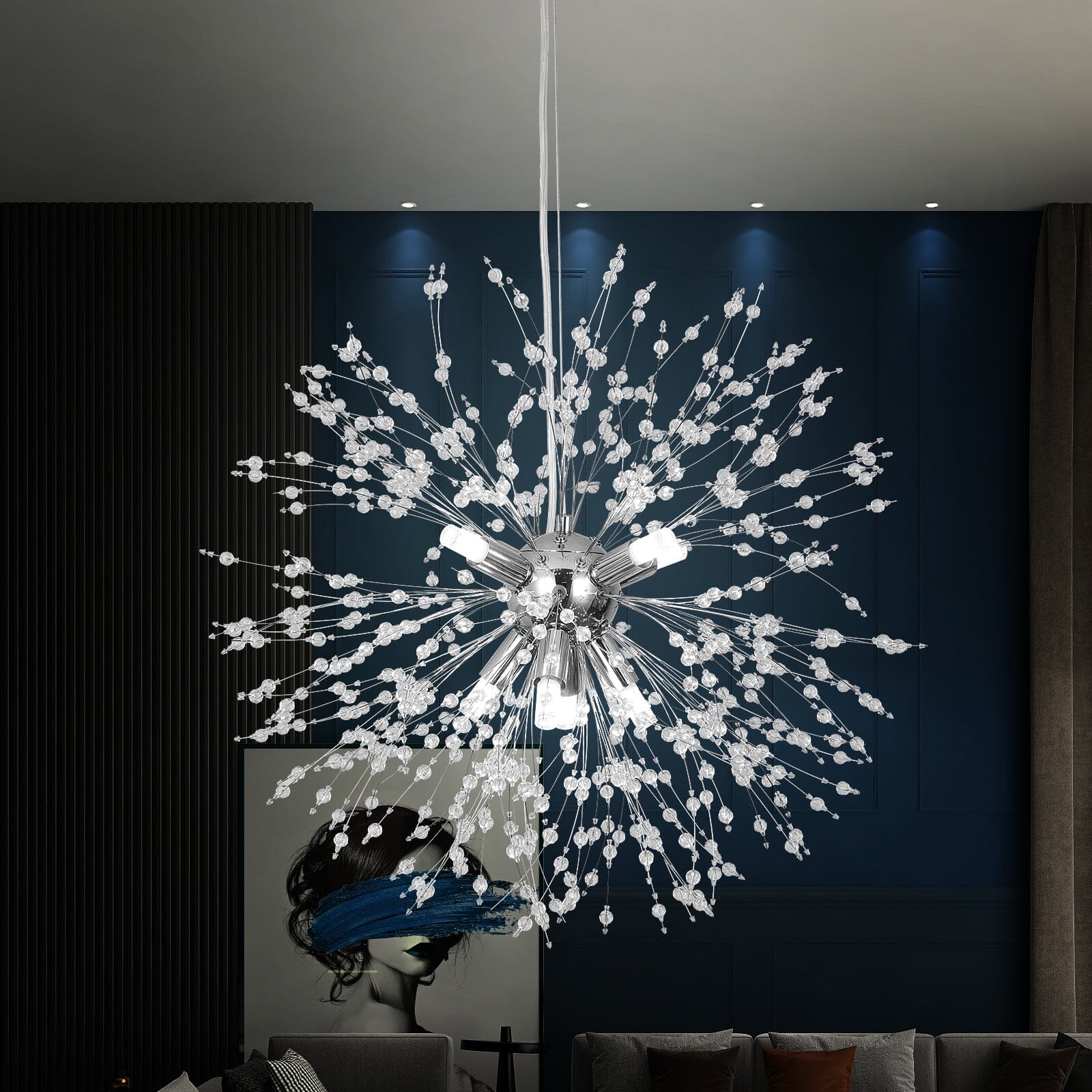 Lumenara Crystal Dandelion Pendant Ceiling Light With Adjustable Height In Iron And Acrylic