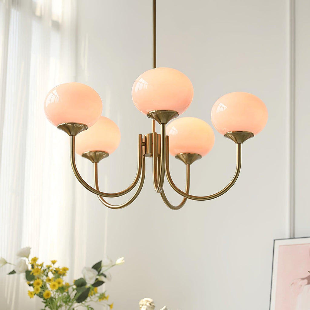 AuricLuxe Gold Finish Chandelier With Pink Glass Shades For Glam Modern Interiors