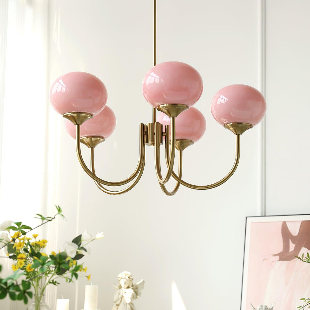 AuricLuxe Gold Finish Chandelier With Pink Glass Shades For Glam Modern Interiors
