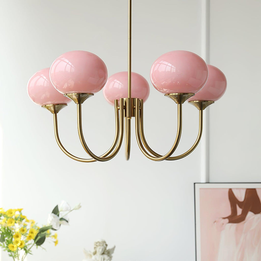 AuricLuxe Gold Finish Chandelier With Pink Glass Shades For Glam Modern Interiors