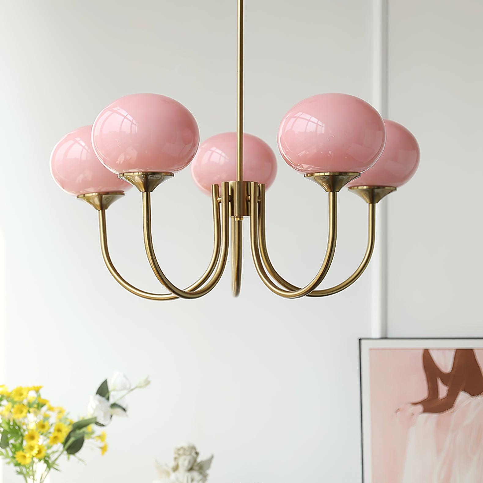 AuricLuxe Gold Finish Chandelier With Pink Glass Shades For Glam Modern Interiors