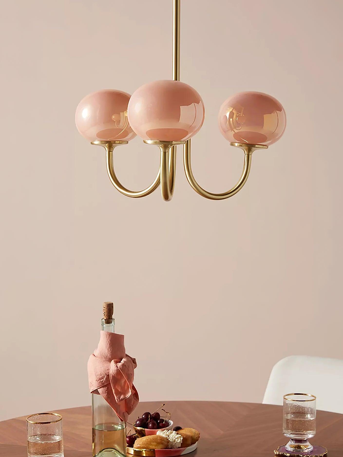 AuricLuxe Gold Finish Chandelier With Pink Glass Shades For Glam Modern Interiors