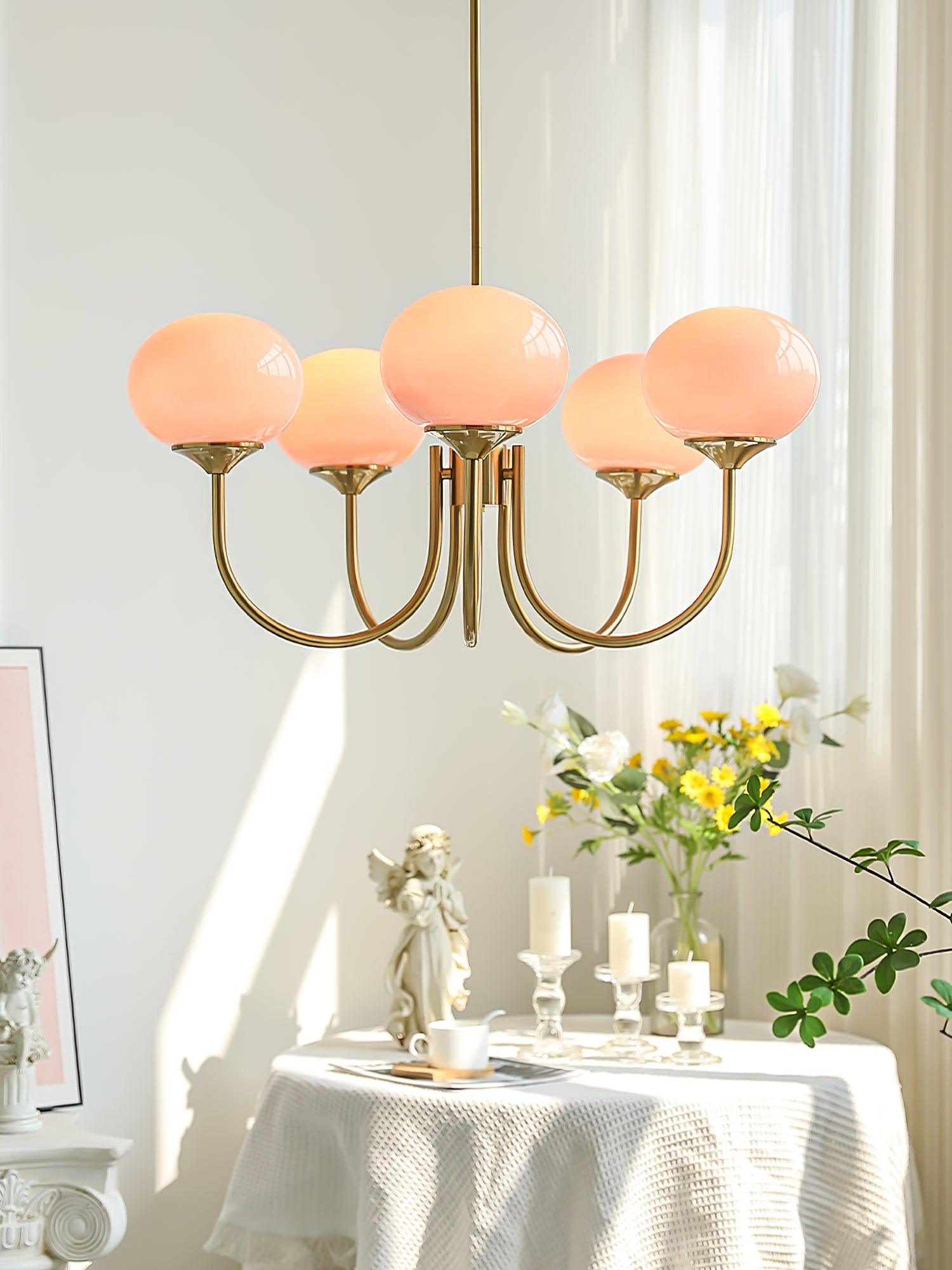 AuricLuxe Gold Finish Chandelier With Pink Glass Shades For Glam Modern Interiors