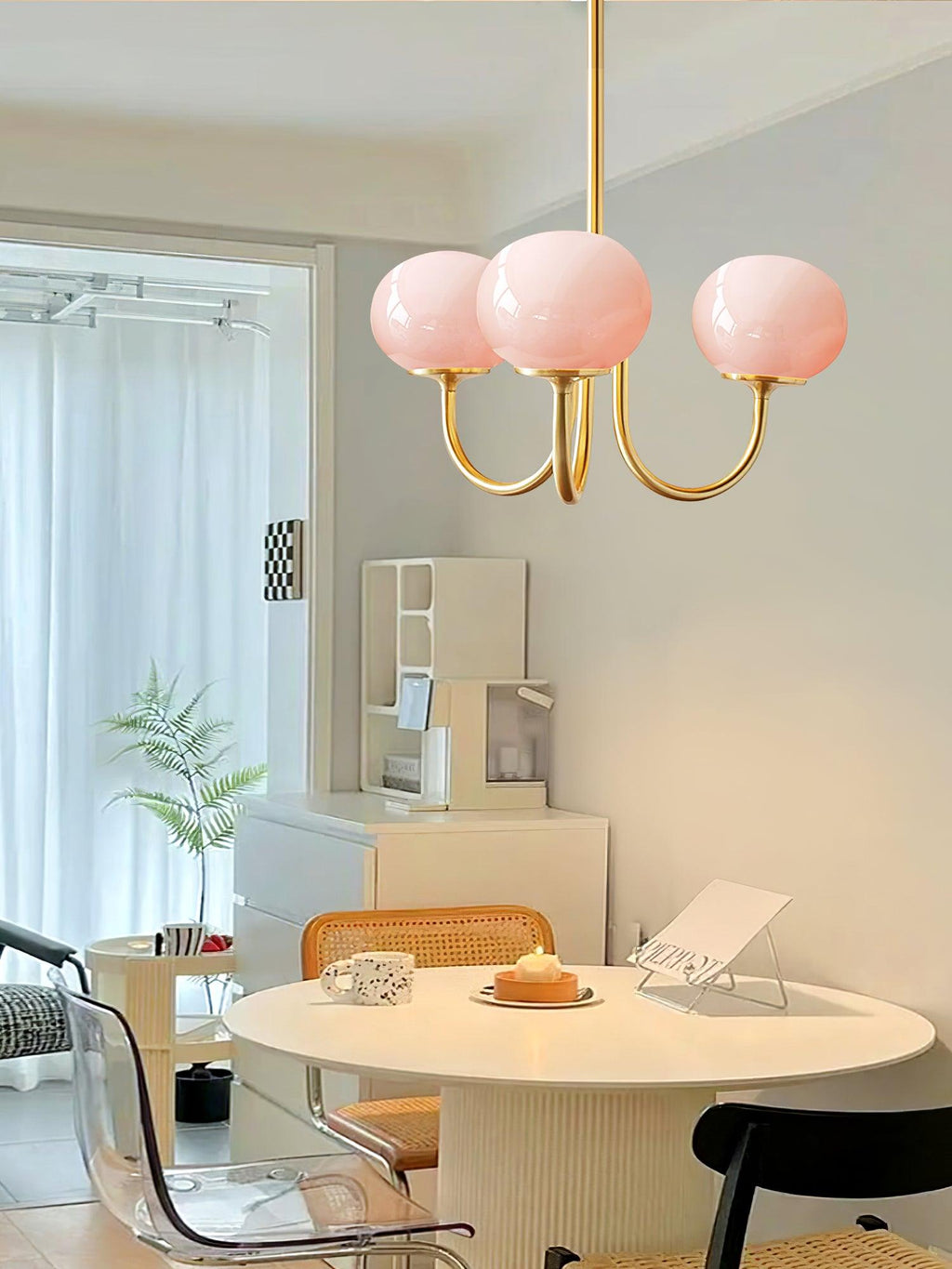 AuricLuxe Gold Finish Chandelier With Pink Glass Shades For Glam Modern Interiors