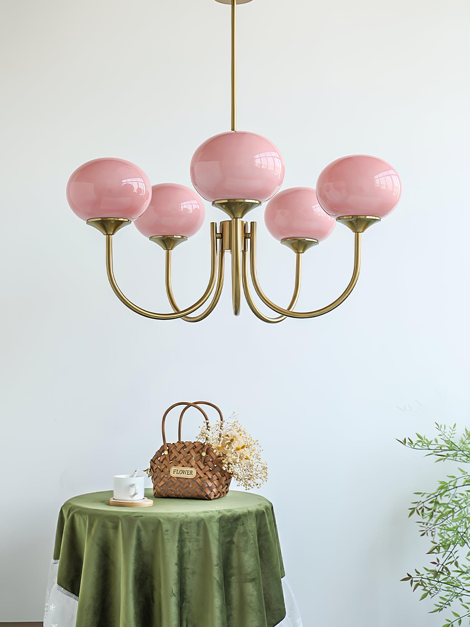 AuricLuxe Gold Finish Chandelier With Pink Glass Shades For Glam Modern Interiors