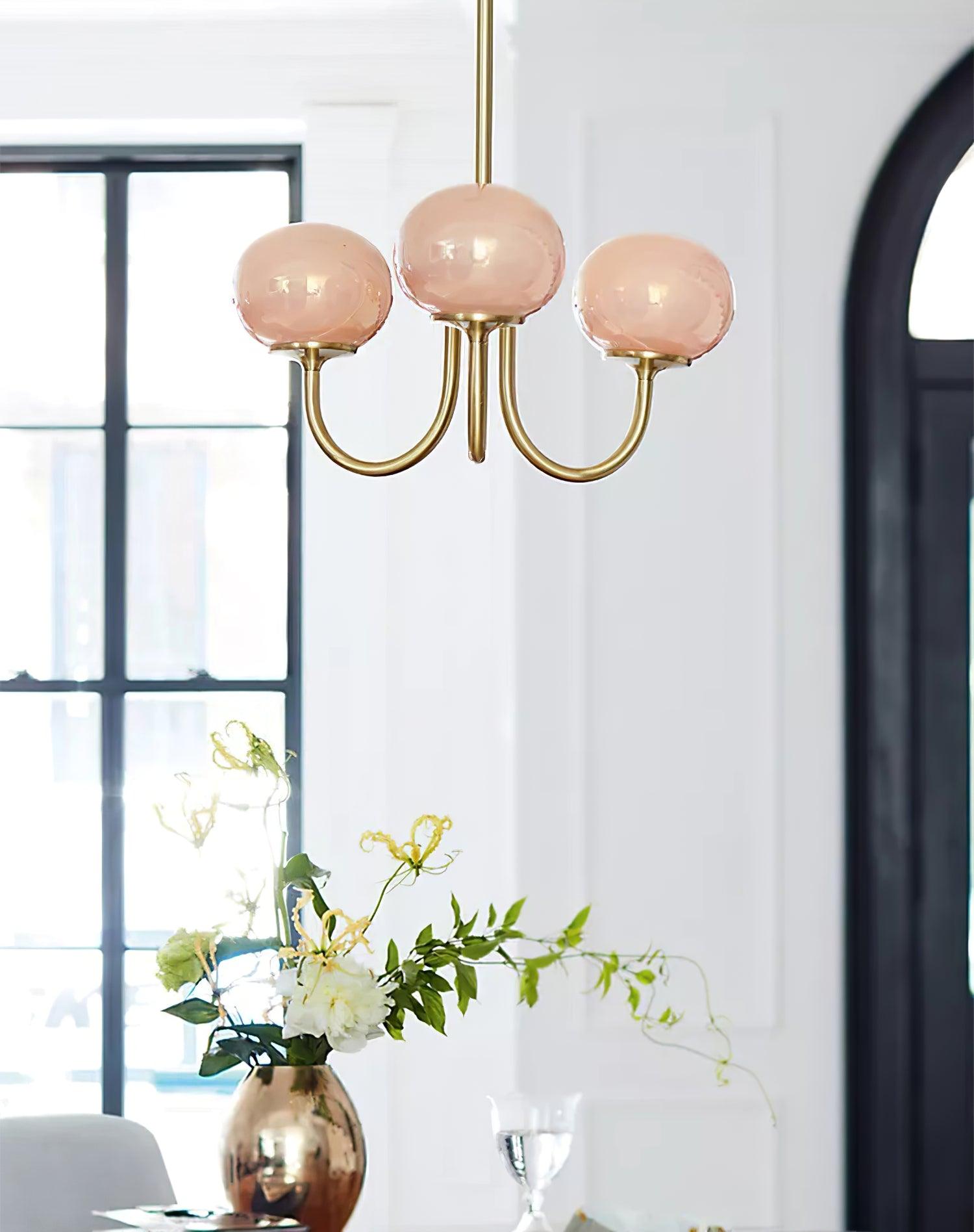AuricLuxe Gold Finish Chandelier With Pink Glass Shades For Glam Modern Interiors