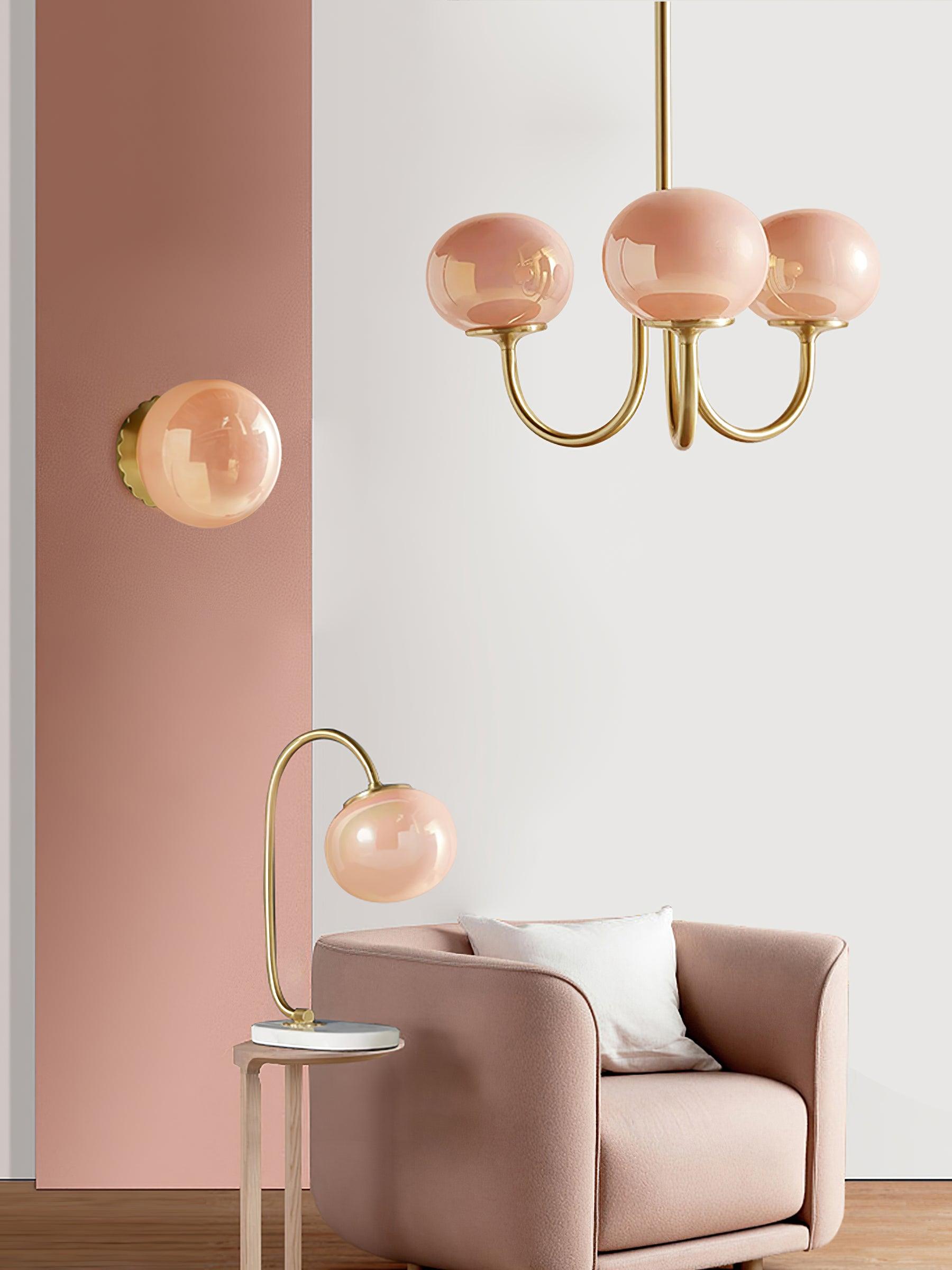 AuricLuxe Gold Finish Chandelier With Pink Glass Shades For Glam Modern Interiors