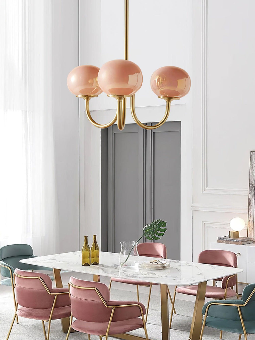AuricLuxe Gold Finish Chandelier With Pink Glass Shades For Glam Modern Interiors