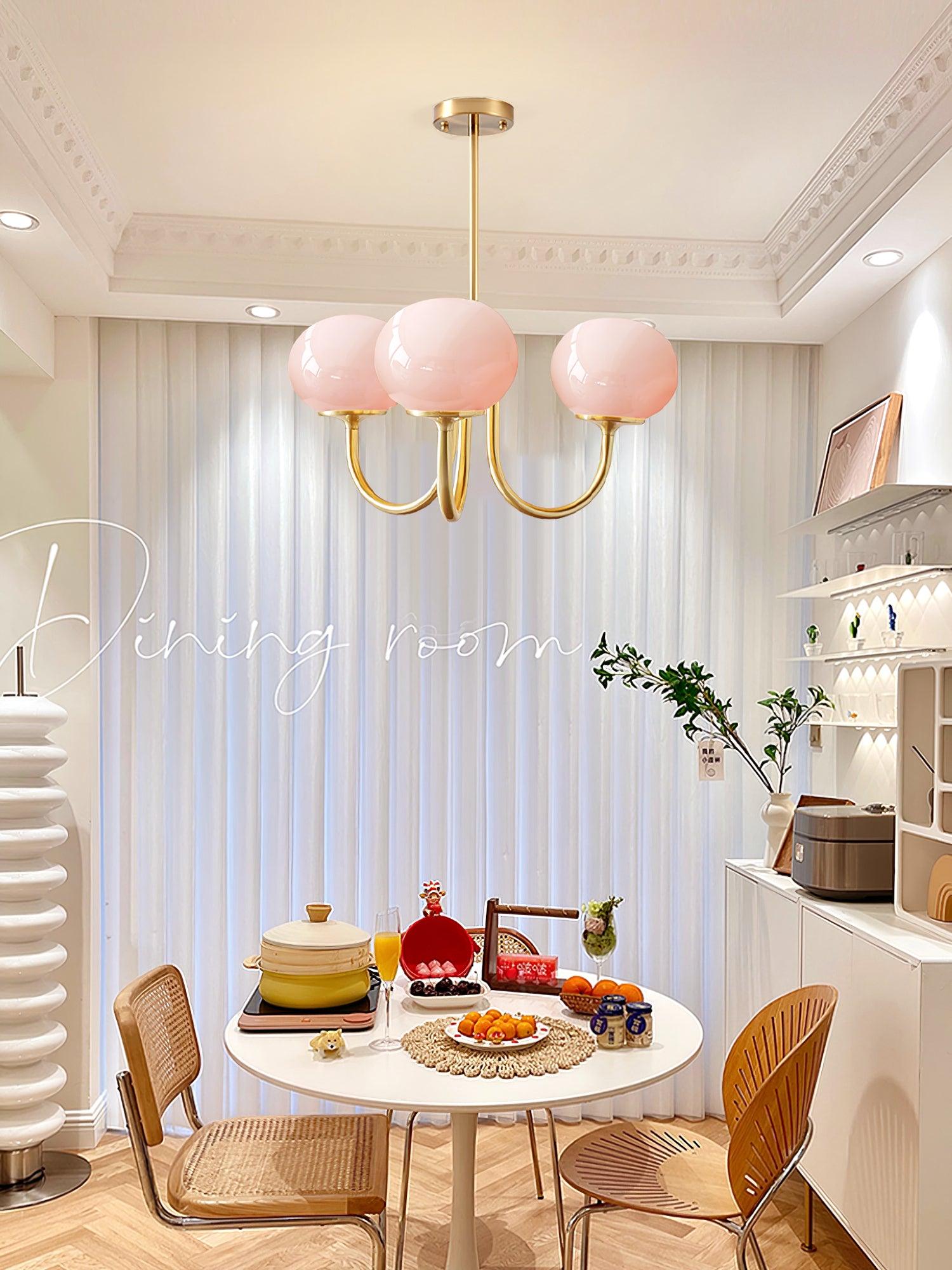 AuricLuxe Gold Finish Chandelier With Pink Glass Shades For Glam Modern Interiors