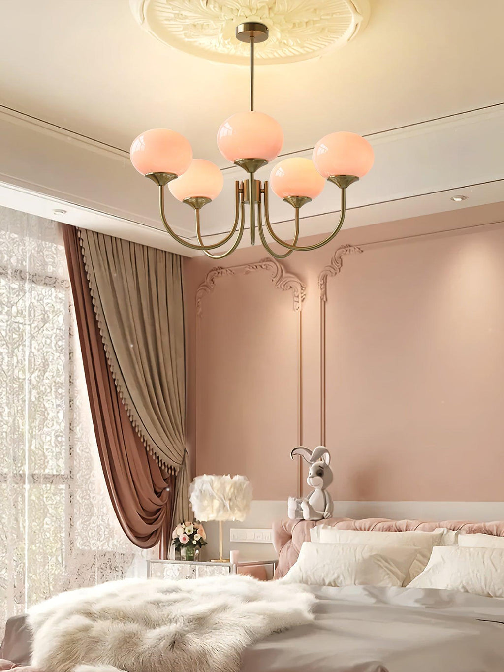 AuricLuxe Gold Finish Chandelier With Pink Glass Shades For Glam Modern Interiors