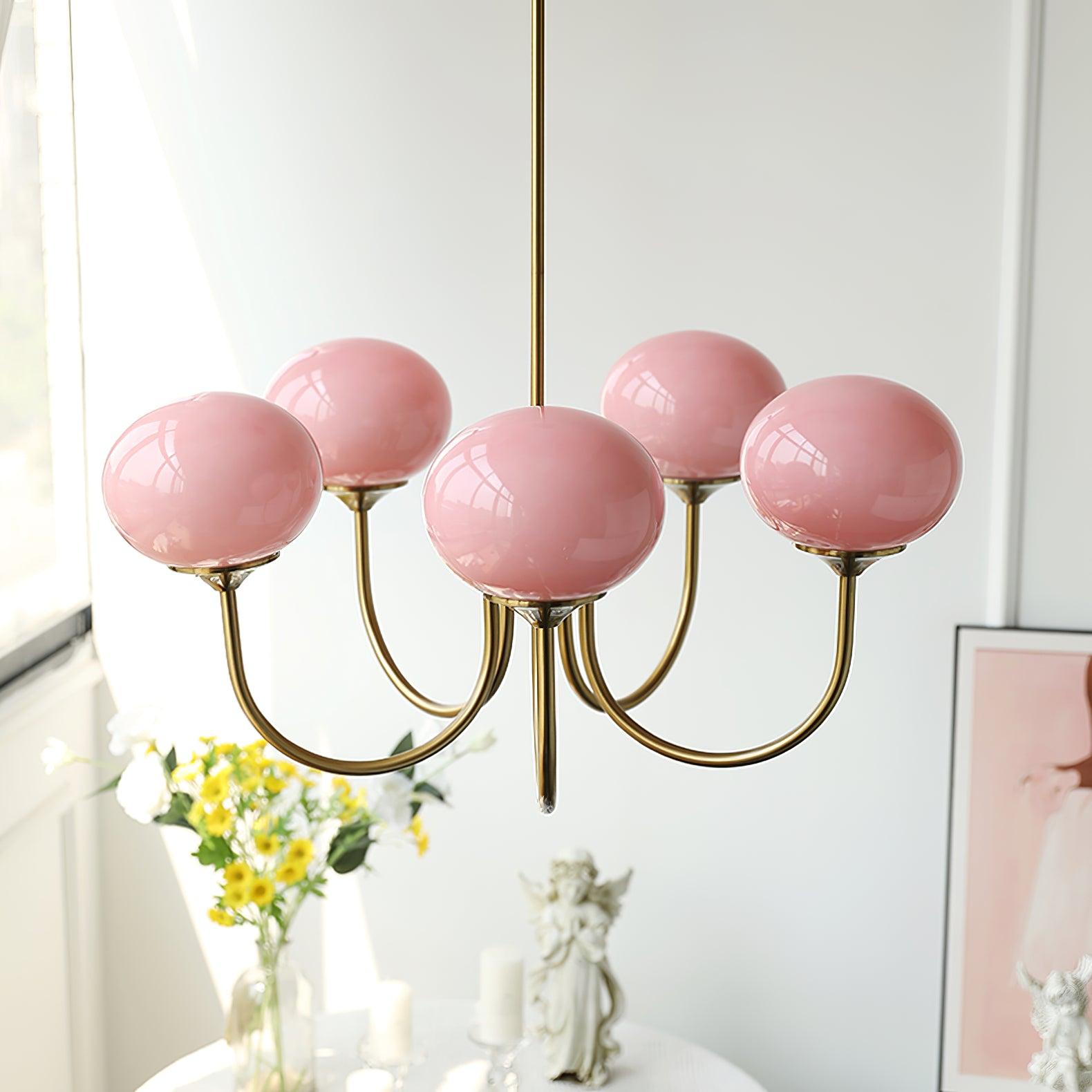 AuricLuxe Gold Finish Chandelier With Pink Glass Shades For Glam Modern Interiors