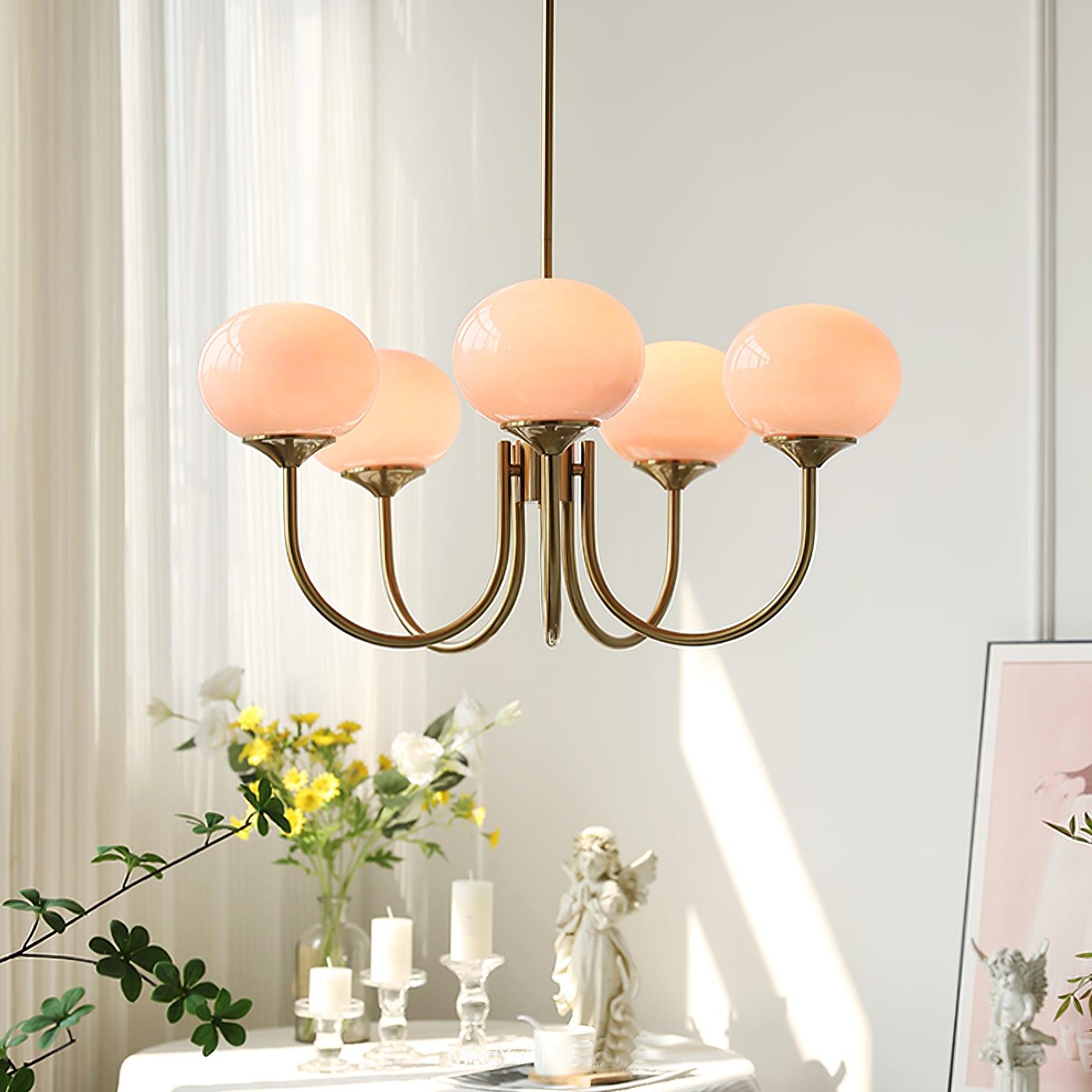 AuricLuxe Gold Finish Chandelier With Pink Glass Shades For Glam Modern Interiors