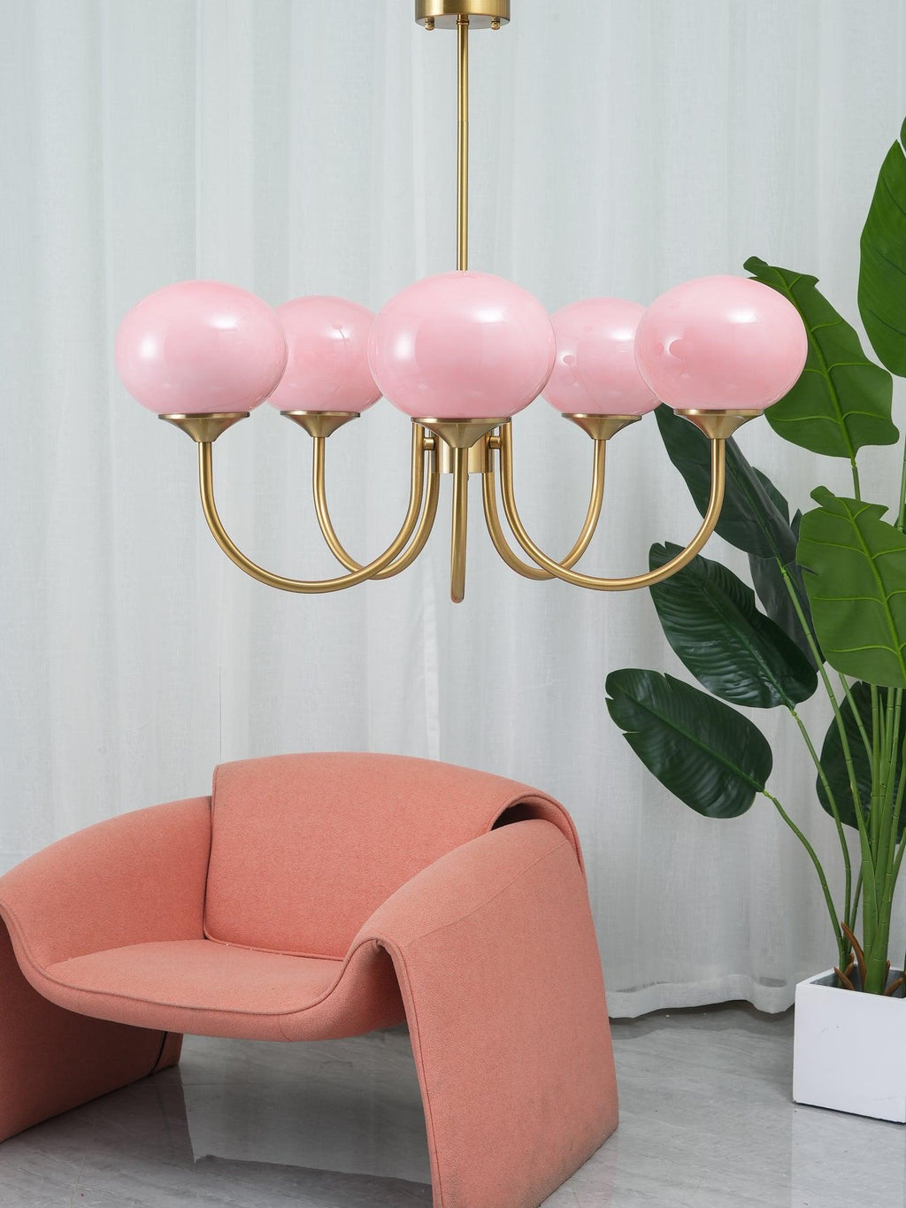 AuricLuxe Gold Finish Chandelier With Pink Glass Shades For Glam Modern Interiors
