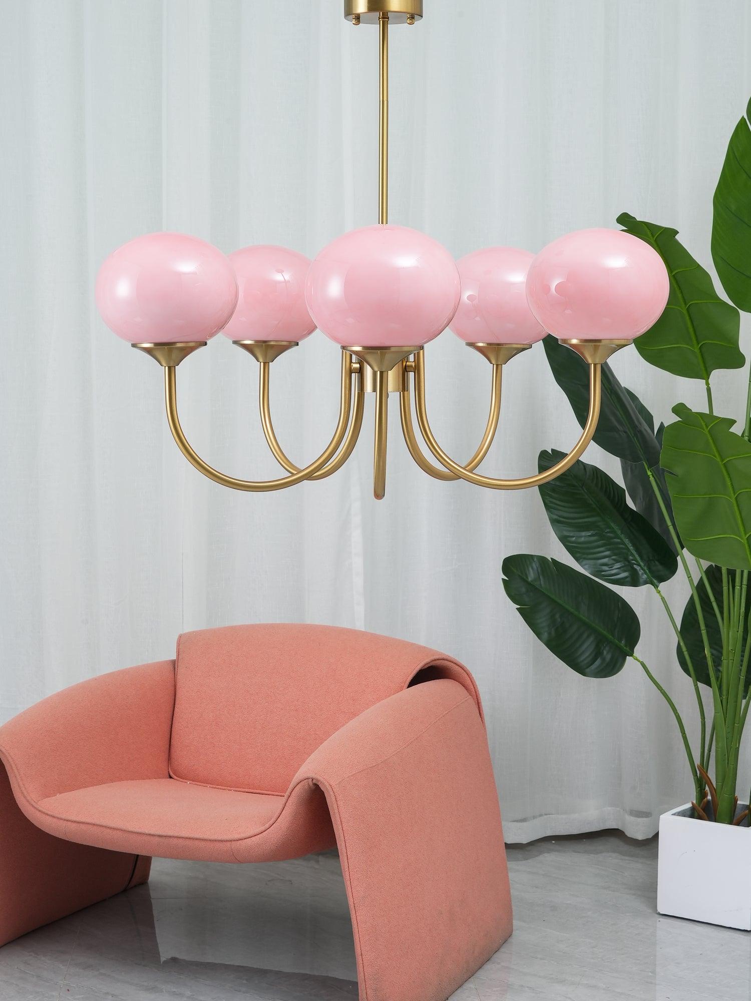 AuricLuxe Gold Finish Chandelier With Pink Glass Shades For Glam Modern Interiors