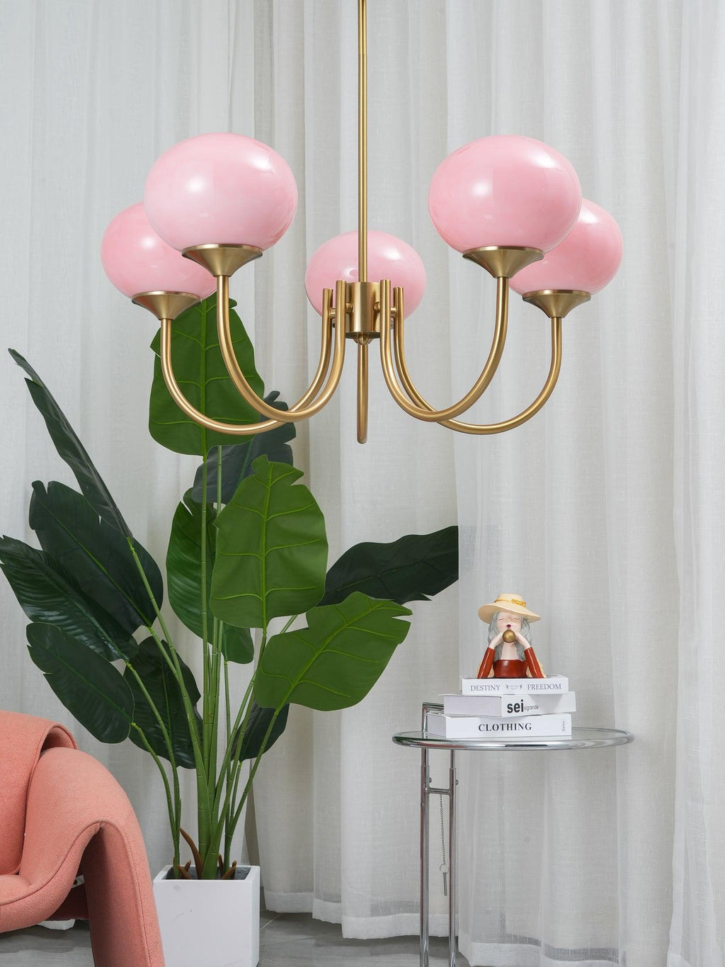 AuricLuxe Gold Finish Chandelier With Pink Glass Shades For Glam Modern Interiors