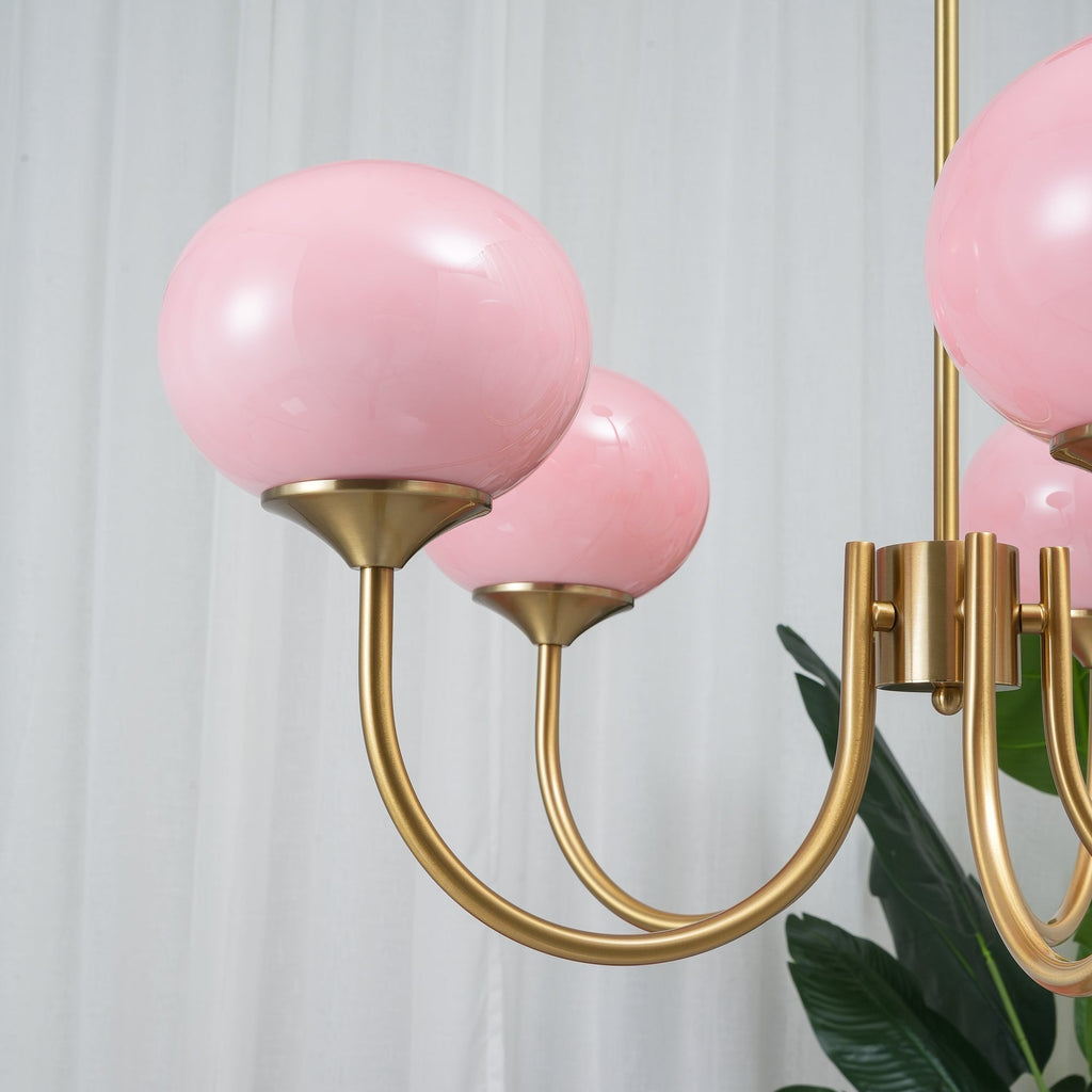 AuricLuxe Gold Finish Chandelier With Pink Glass Shades For Glam Modern Interiors