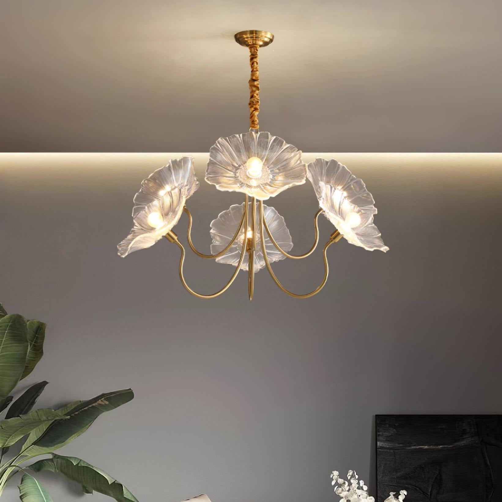 Lyra Murano Glass Flower Chandelier With Frosted Leaf Bloom Light Soft Ambient Glow
