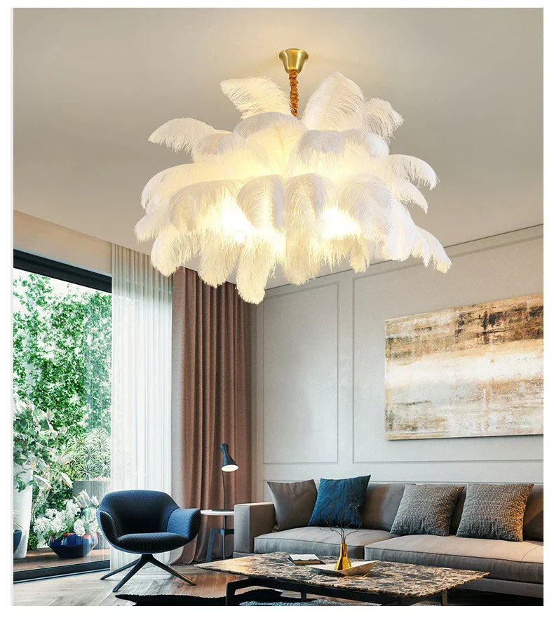 FeatherLoom Pendant Chandelier Handcrafted Ostrich Feather Light for Modern Living Spaces