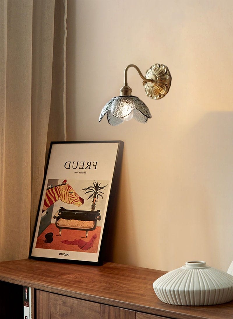 AstraLily Wall Light With Seeded Glass Shade And Brushed Brass Finish Art Nouveau Inspired Sconce