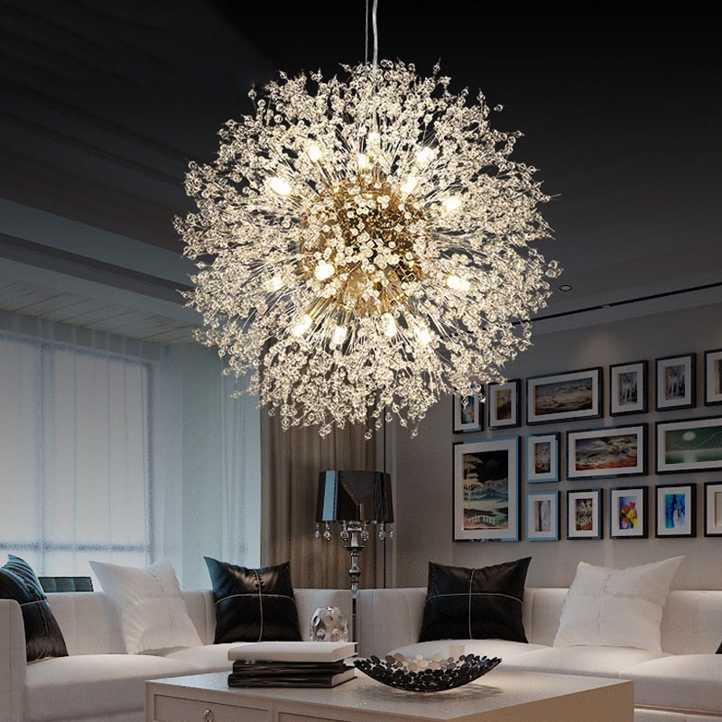 Lumenara Crystal Dandelion Pendant Ceiling Light With Adjustable Height In Iron And Acrylic